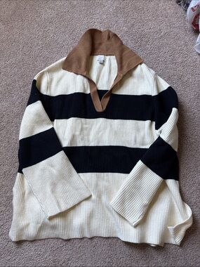 a new day Black, Cream & Brown Striped V-Neck Sweater